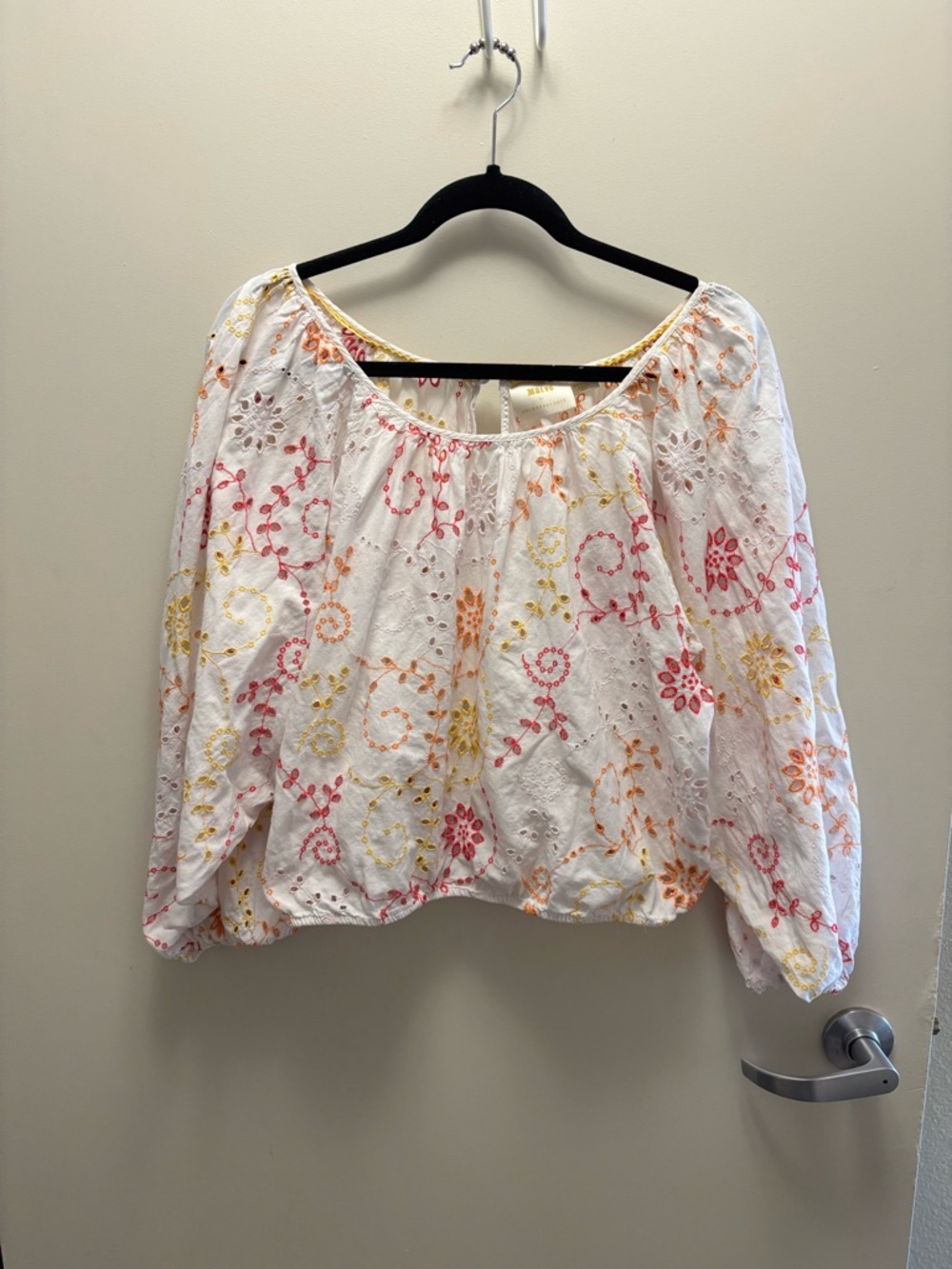 Anthropologie White Eyelet Peasant Top with Pink, Yellow & Orange Embroidery